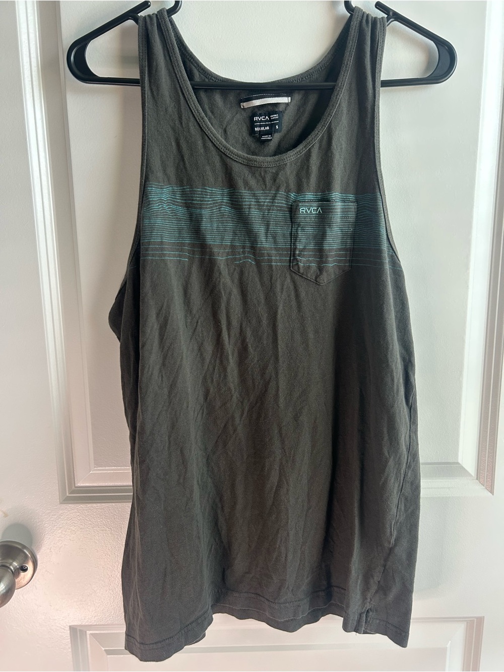 RVCA Olive Tank with Teal Stripe and Chest Pocket